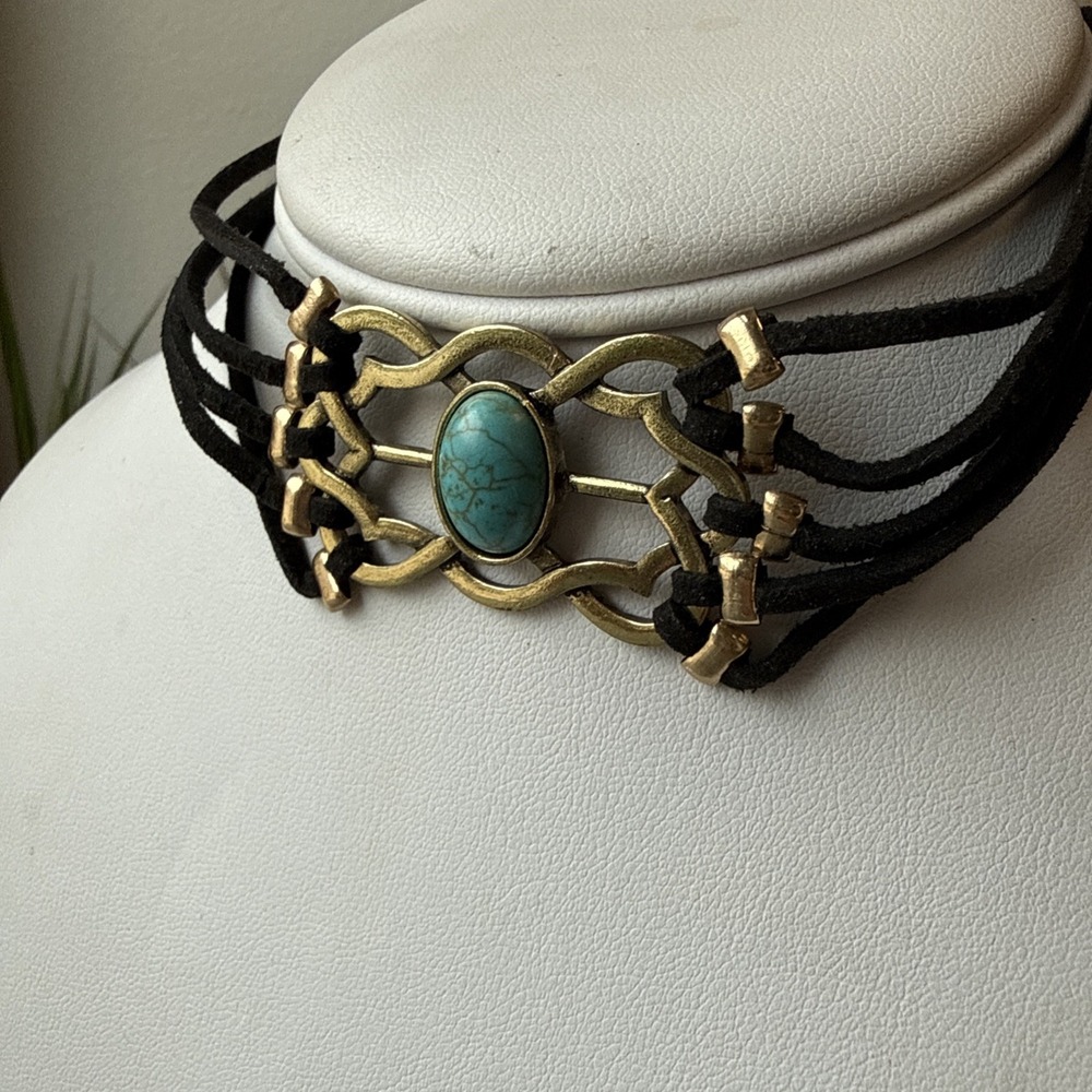 Free People Ariana OST Choker Necklace Leather Brass Turquoise Adjustable
